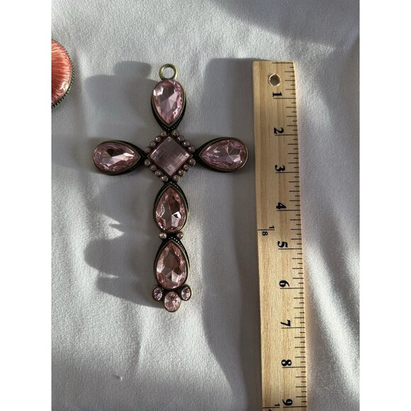 Kirklands Pink With Gold/Brass Colored Stone Cross With Pink/Metal Stand Holder - Picture 6 of 16
